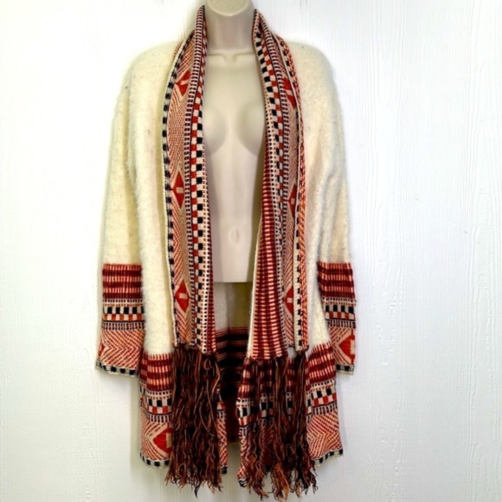 MAX SPORT - Ivory & Orange Long Boho Peruvian Fringe Beautiful Open Cardigan M - Picture 2 of 13